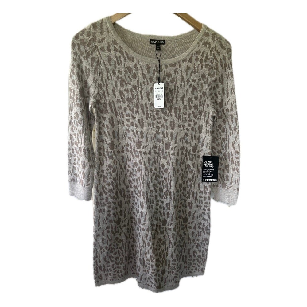 Express NWT Leopard Animal Print Scoop Neck Quarter Sleeve Sweater Dress XS
